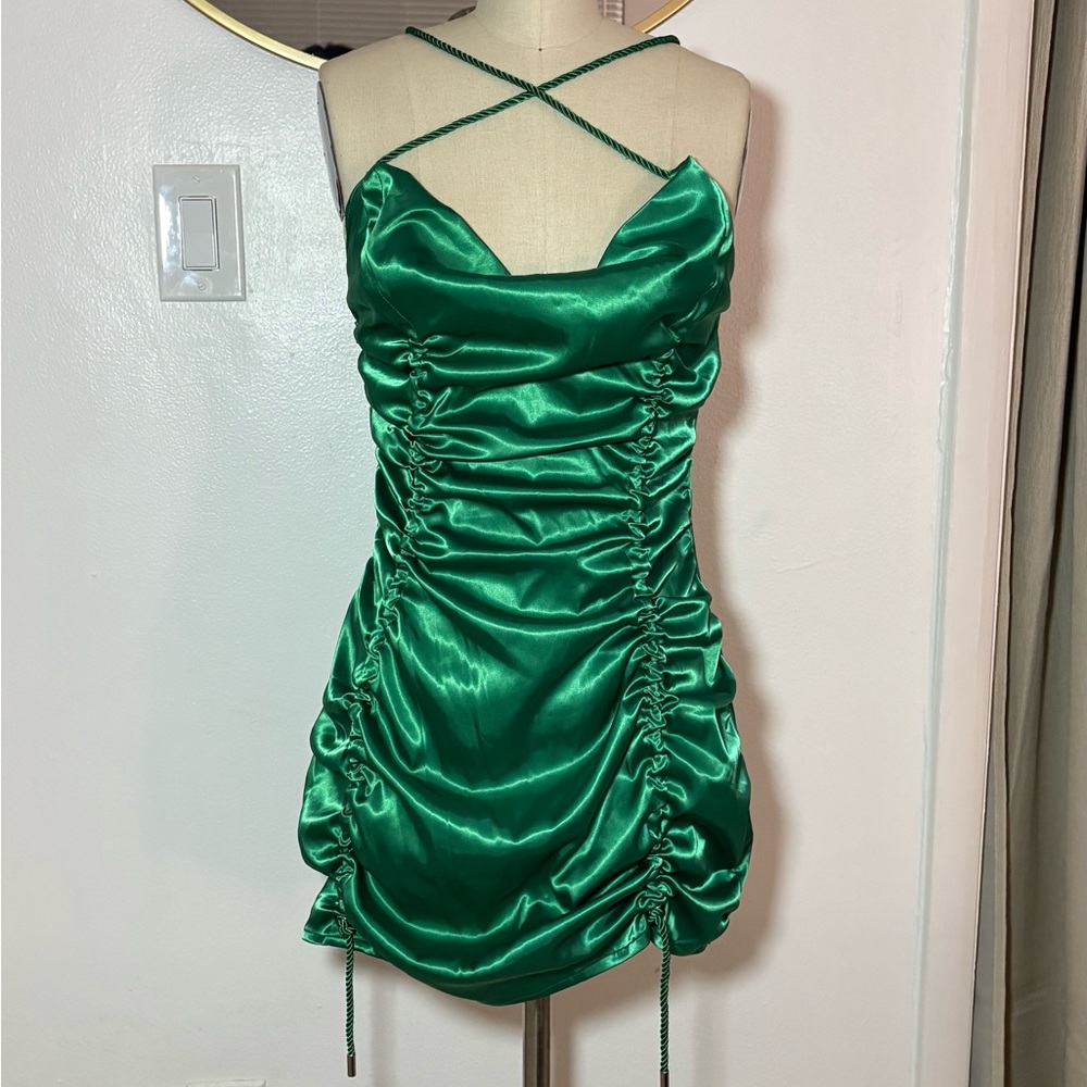 Maniere De Voir Green Satin Mini Dress